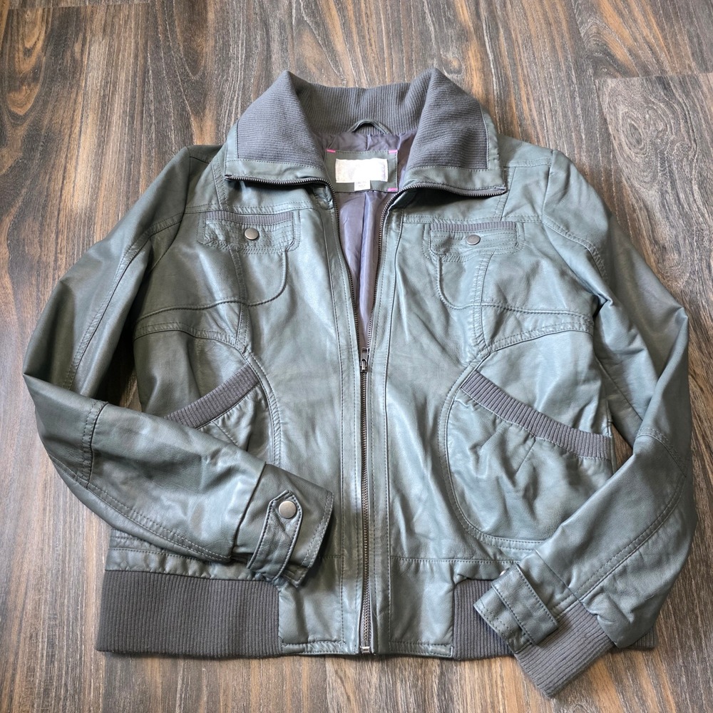 Xhilaration Womens Faux Leather Bomber Jacket Gray Full Zip Size XL RN17730